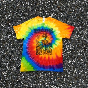 Thrift Is Dead Grateful Thrift Prism tie dye t-shirt with skeleton and roses front graphic